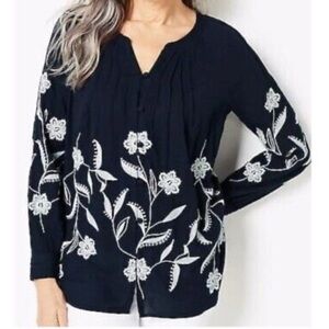 J Jill Embroidered Boho Peasant Floral Button Down Blouse Size Large Petite